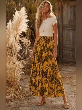 Boho Tiered Elastic Waist Floral Maxi Skirt - Mustard Green